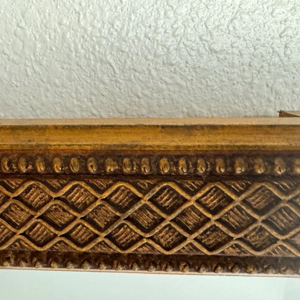 Vintage Gold Leaf Hollywood Mirror w/ Shelf Wood Gold Patina Wall / Table